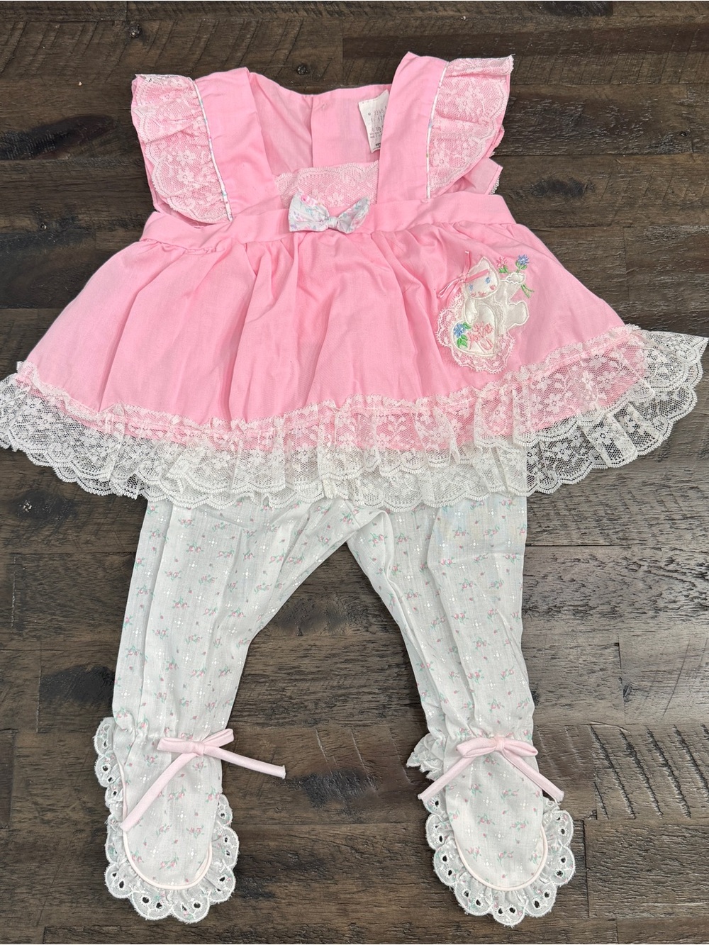 Vintage Pink and White Lacy Floral Appliqué Cat Baby Doll Shirt and Footed Pants